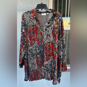 Travel Collection Tribal Inspired Velvet Sheer Artsy Eclectic Tunic Top 1X